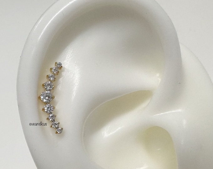 20g 18g 16g Curve 9 CZ Push In Prong Setting Titanium Labret, CZ Crescent ASTM-F136 Implant Grade Titanium Helix Cartil