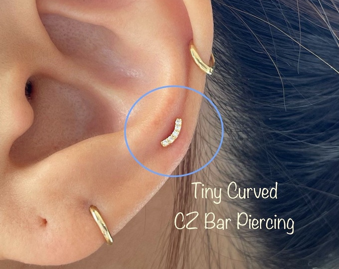 Tiny Curved CZ Bar Piercing(Single), Curve 92.5 Sterling Silver piercing, Cartilage, Mid Cartilage, Helix