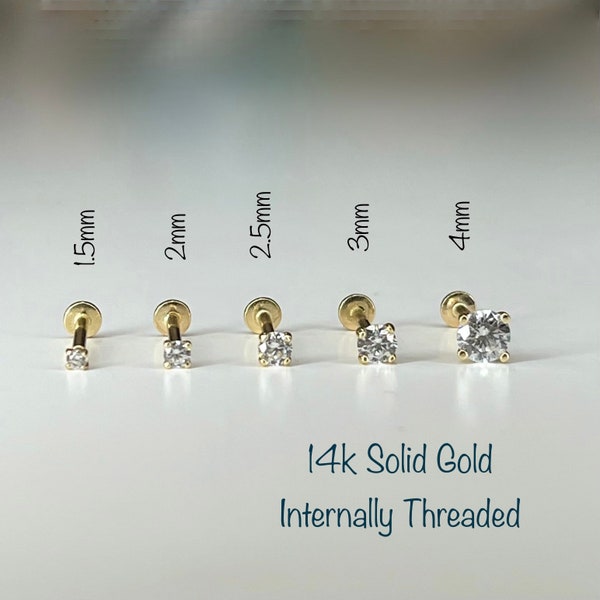 14k Solid Gold CZ Labret Piercing(Single), 1.5mm/2mm/2.5mm/3mm/4mm 14k Solid Gold Internally Threaded labret Cartilage, Tragus, Helix