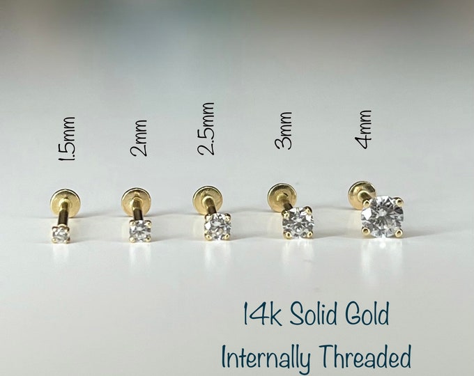 14k Solid Gold CZ Labret Piercing(Single), 1.5mm/2mm/2.5mm/3mm/4mm 14k Solid Gold Internally Threaded labret Cartilage, Tragus, Helix