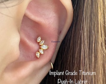 20g 18g 16g 14g Five CZ Marquise Crown Push-In Threadless Titanium Labret, Dainty Tiara Implant Grade Titanium Cartilage, Conch, Helix