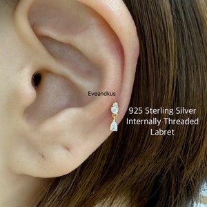 18g Dainty CZ with Teardrop Dangle Internally Threaded Labret, 925 Sterling Silver Cartilage, Tragus, Helix piercing