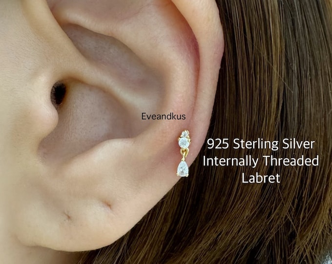 18g Dainty CZ with Teardrop Dangle Internally Threaded Labret, 925 Sterling Silver Cartilage, Tragus, Helix piercing
