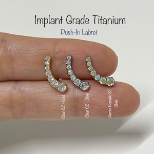 20g 18g 16g Climbers CZ Push In Prong Setting Titanium Labret, Curved CZ ASTM F-136 Implant Grade Titanium Helix Cartilage Conch