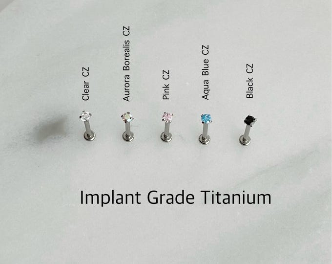 20g 18g 16g Teeny Tiny Push In Prong Setting Titanium Labret, Super tiny cz 2mm/3mm/4mm Hypoallergenic ASTM F-136 Titanium