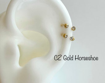 20g 18g 16g CZ Horseshoe Barbell piercing (Single), 6mm/7mm/8mm/9mm/10mm Septum Ring, Nose Ring, Cartilage, Rook, Helix