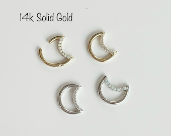 14k Solid Gold Crescent Daith Hoop: 16g Opal Clicker (8mm)
