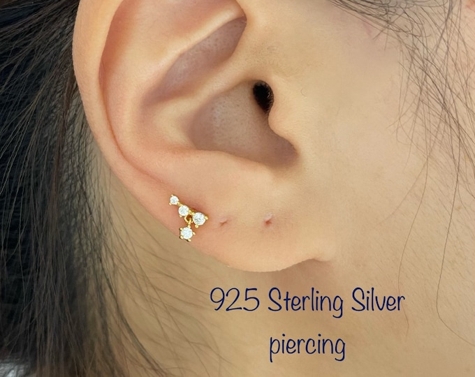 Dainty CZ Climber with Dangle, 925 Sterling Silver Dainty minimalist earrings, helix, cartilage earring