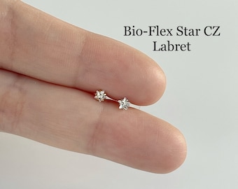 16g 3mm STAR CZ Prong Setting BIOFLEX Push In Labret, 16GA Tragus Cartilage Helix Lip Nose