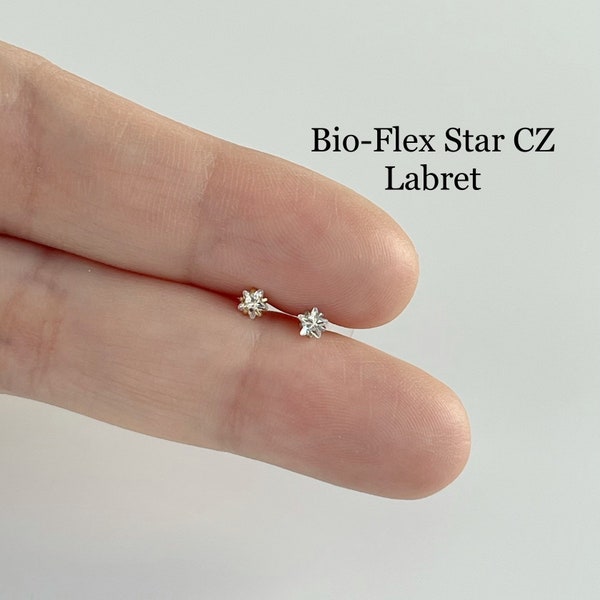 16g 3mm STAR CZ Prong Setting BIOFLEX Push In Labret, 16GA Tragus Cartilage Helix Lip Nose