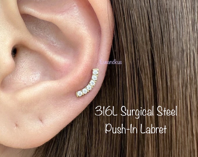 Six CZ Curved 316L Surgical Steel Push-In Threadless Labret, Helix, Cartilage, Conch
