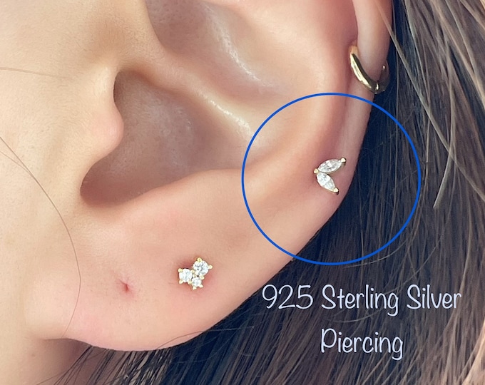 Tiny Double Marquise CZ piercing (Single), 925 Sterling Silver CZ Sprout cartilage helix tragus conch piercing