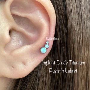 20g 18g 16g Bezel Set 3 Opal Curved Top Implant Grade Titanium Push In Labret, Opal Helix Cartilage Tragus