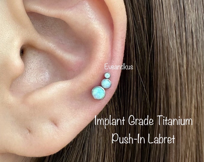 20g 18g 16g Bezel Set 3 Opal Curved Top Implant Grade Titanium Push In Labret, Opal Helix Cartilage Tragus