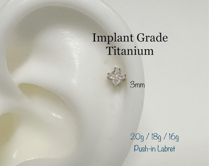 20g 18g 16g Rectangle CZ Push In Prong Setting Titanium Labret, Titanium 6AL-4V-ELI-ASTM-F136