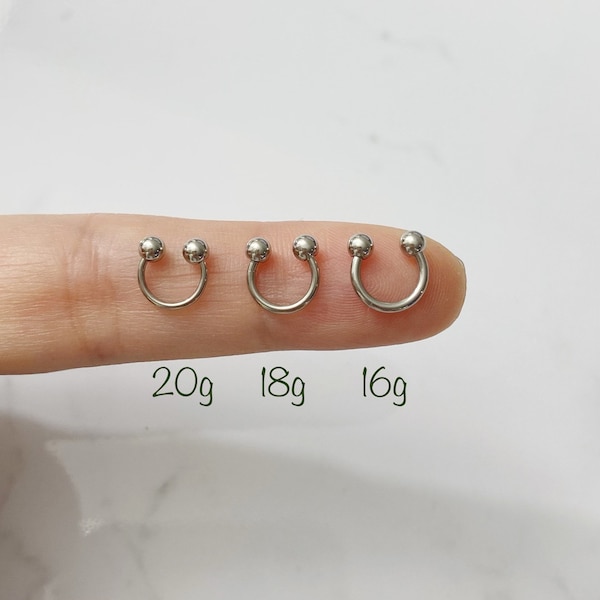 Piercing d'haltères en fer à cheval en argent, 20 g, 18 g, 16 g (unique), anneau de septum en fer à cheval, boule de 3 mm, anneau de nez, cartilage, tour, hélice