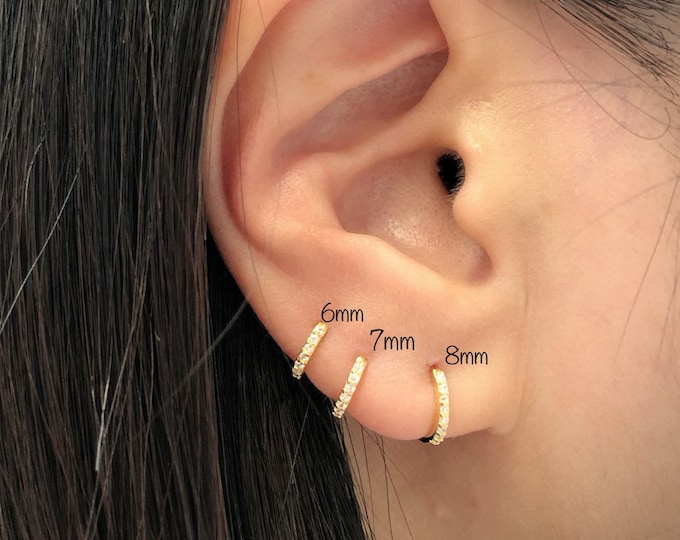 6mm/7mm/8mm/9mm Tiny cubic zirconia huggie hoop (Single or Pair), 14k Gold PLT over 92.5 Sterling Silver Huggie Hoops Nickel Free