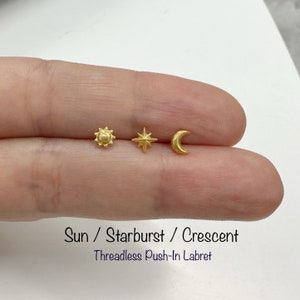 20g 18g 16g Dainty Sun / Starburst / Crescent Threadless Push-In Labret, Dainty Celestial Piercing for Cartilage, Helix, Tragus Piercing