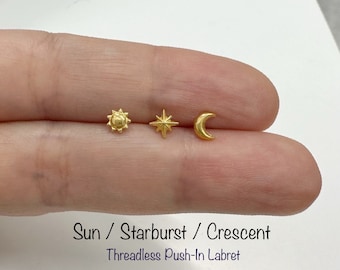 20g 18g 16g Dainty Sun / Starburst / Crescent Threadless Push-In Labret, Dainty Celestial Piercing for Cartilage, Helix, Tragus Piercing