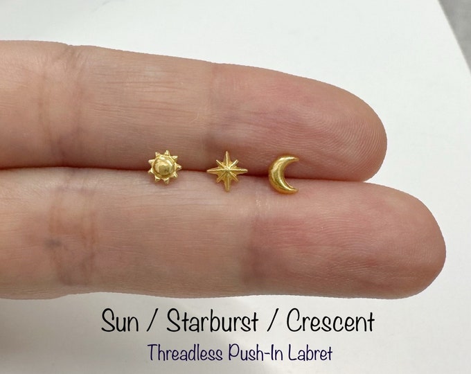 20g 18g 16g Dainty Sun / Starburst / Crescent Threadless Push-In Labret, Dainty Celestial Piercing for Cartilage, Helix, Tragus Piercing
