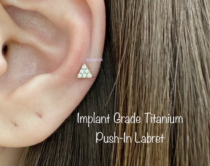 20g 18g 16g Triangle with CZ Push In Threadless Titanium Labret, Grade23 Implant Grade Titanium Nickel Free Hypoallergenic
