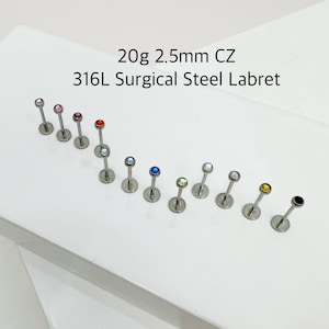 20g 2.5mm CZ Labret (Single), 316L Surgical Steel Externally Threaded Labret, Tragus, Helix, Cartilage piercing