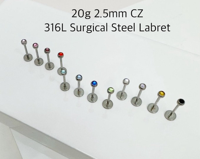 20g 2.5mm CZ Labret (Single), 316L Surgical Steel Externally Threaded Labret, Tragus, Helix, Cartilage piercing