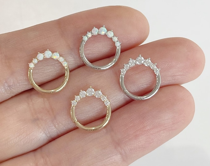 16g 14k Solid Gold 7 Opal or 7 CZ Hinged Segment Hoop Ring Daith, Septum Clicker Hoop(Single), 8mm/10mm 16g Daith, Septum Ring Clicker