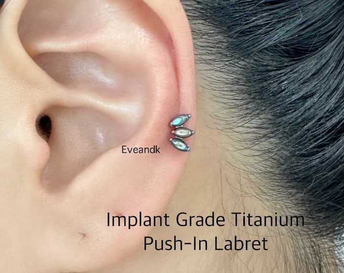 20g 18g 16g Three Marquise Crown with Natural Stone Push In, ASTM F136 Implant Grade Titanium Labret, Dainty Marquise Bezel Setting