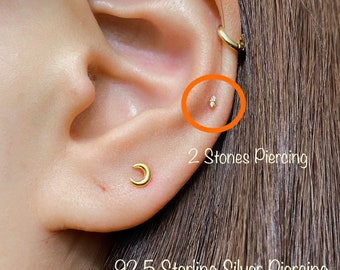 Teeny Tiny Duet CZ Piercing (Single), Twee 1mm Micro CZ stenen 925 Sterling Zilver piercing, Kraakbeen, Helix, Tragus