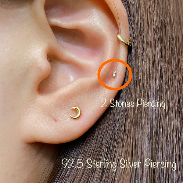 Teeny Tiny Duet CZ Piercing(Single), Two 1mm Micro CZ stones 925 Sterling Silver piercing, Cartilage, Helix, Tragus