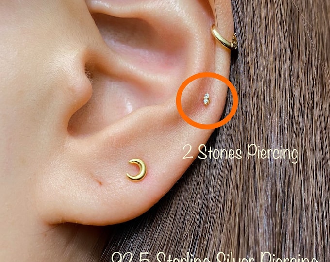Teeny Tiny Duet CZ Piercing(Single), Two 1mm Micro CZ stones 925 Sterling Silver piercing, Cartilage, Helix
