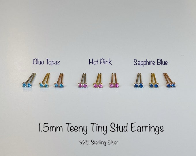 1.5mm Teeny Tiny CZ Studs 92.5 Sterling Silver earrings, Blue Topaz, Hot Pink and Sapphire Blue tiny Minimalist stud Earrings