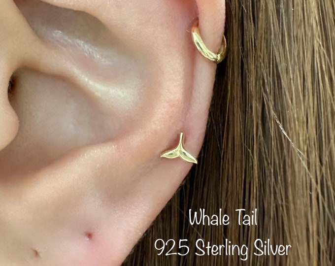 Whale Tail piercing (Single), 925 Sterling Silver tiny whale tail cartilage helix tragus conch piercing