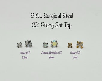 16g CZ Prong Set Top replacement FOR 316L Surgical Steel Internally Threaded Labret, 2mm/3mm CZ Top part