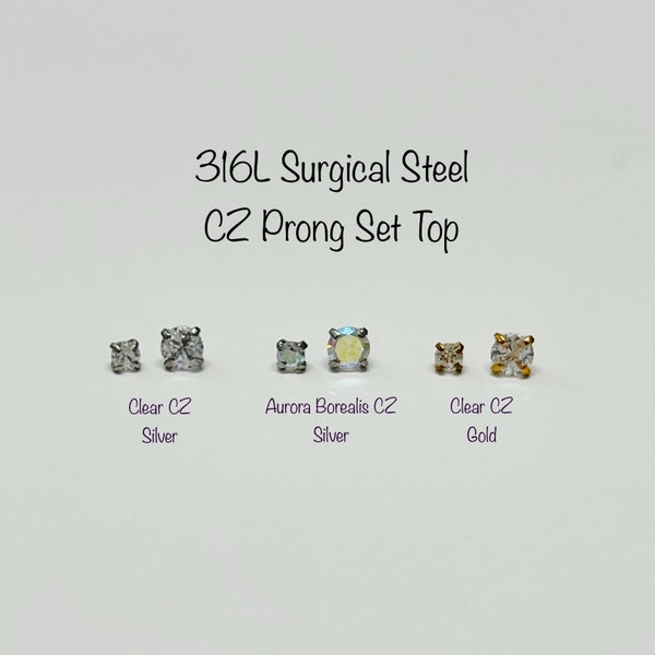 16g CZ Prong Set Top replacement FOR 316L Surgical Steel Internally Threaded Labret, 2mm/3mm CZ Top part