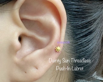 20g 18g 16g Sun Threadless Push-In Labret, Dainty Celestial Piercing for Cartilage, Helix, Tragus Piercing