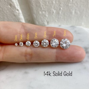 14K Solid Gold Classic CZ Stud Earrings(PAIR), Cubic size 2mm/3mm/4mm/5mm - 14K Solid Gold
