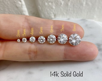 14K Solid Gold Classic CZ Stud Earrings(PAIR), Cubic size 2mm/3mm/4mm/5mm - 14K Solid Gold