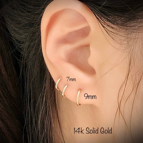 14k Solid Gold Thin Small Huggie Hoop (Single or Pair), 6mm/8mm/9mm/11mm 14K Solid Gold Hoop Earrings