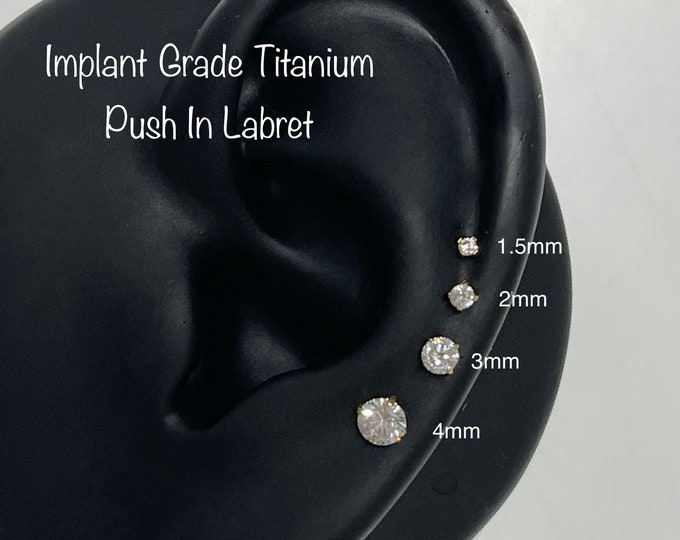 20g 18g 16g CZ Push In Prong Setting Titanium Labret, Tiny CZ 1.5mm/2mm/3mm/4mm ASTM-F136 Titanium