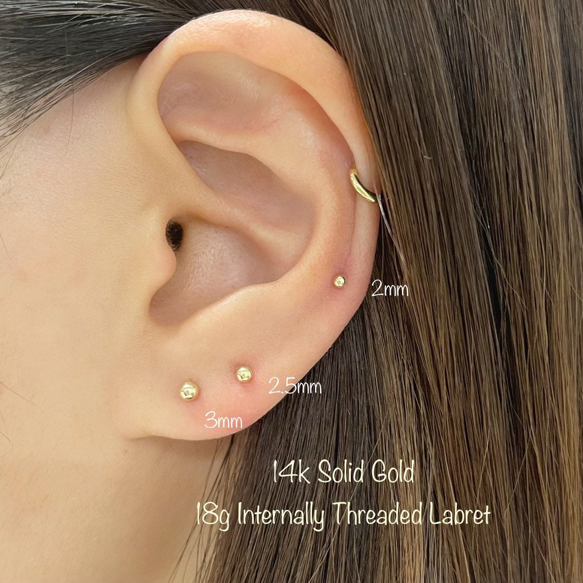 14K Solid Gold Ball 2,3,4,5,6mm Lightweight Piercing 21G, 4,6,8mm Post –  tinytinygold