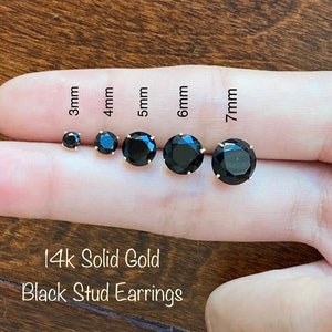14k Solid Gold Black Cubic Zirconia Stud Earrings: Minimalist Solitaire