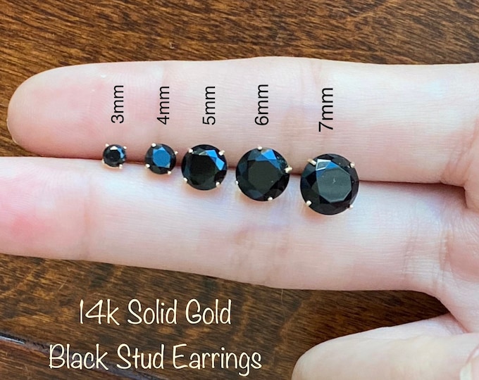 14k Solid Gold Black Stud earrings, Black Round Stud Earrings Cubic Zirconia Solitaire AAA CZ For Men Women, Minimalist stud earrings