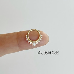 16g 14k Solid Gold Opal and CZ Daith/Septum Clicker Hoop(Single), 8mm/10mm 16g Daith, Septum Ring Clicker