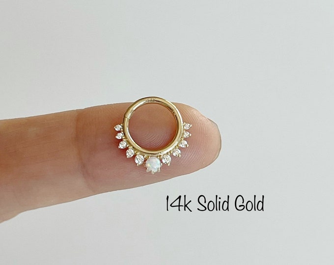 16g 14k Solid Gold Opal and CZ Daith/Septum Clicker Hoop(Single), 8mm/10mm 16g Daith, Septum Ring Clicker