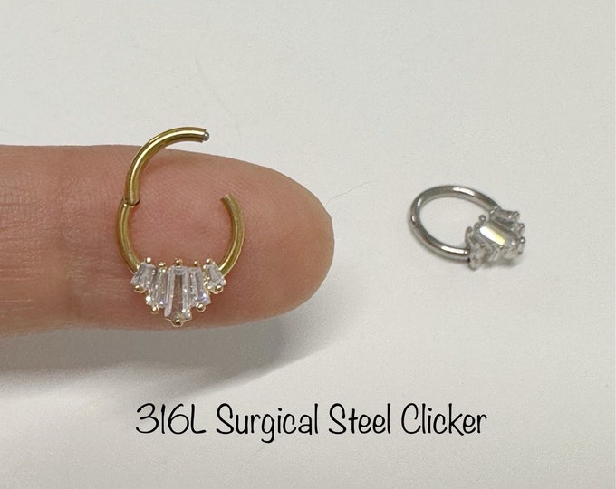 16g High Quality Precision All 316L Surgical Steel Hinged Segment Hoop Rings Baguette CZ Septum, Daith piercing