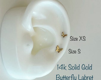 18g 14k Solid Gold Butterfly Internally Threaded Labret Piercing (Single), 14k Solid Gold Piercing Tragus, Mid Cartilage, Helix, Nose
