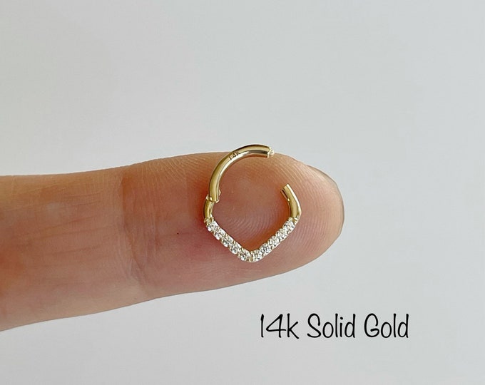 16g 14k Solid gold V-shaped Daith, Septum Clicker Hoop(Single), 6mm/8mm/10mm 16g Daith, Septum Ring Clicker