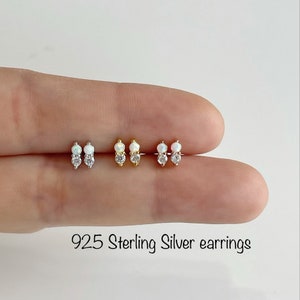Dainty Twin Duet Opal and CZ Stud Earrings (Pair), Minimalist 92.5 Sterling Silver Earrings, Hypoallergenic/Nickel Free